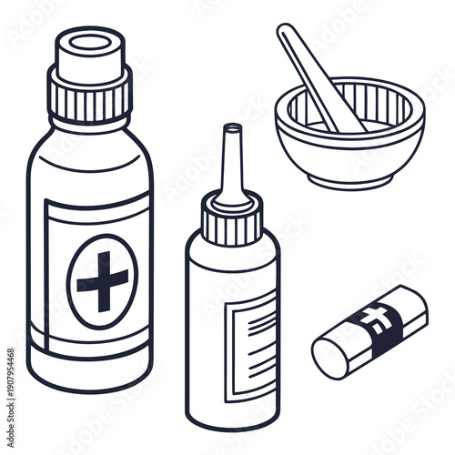Assorted medical supplies including a dropper, tube, and pill bottle