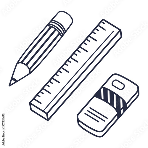 A collection of writing and measuring tools including a pencil, ruler, and tape measure