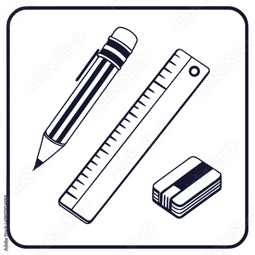 A collection of school supplies including a pencil, ruler, and eraser