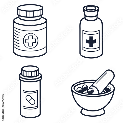 Illustrations of various medical items including pills, capsules, and a mortar and pestle