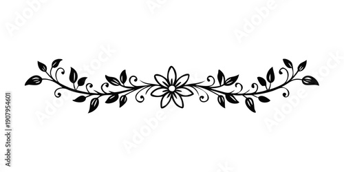Intricate black and white floral design with symmetrical leaves and a central flower