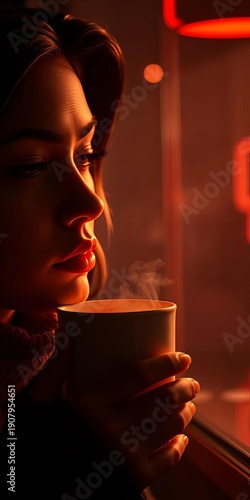 Gentle chiaroscuro on sculpted features, the quiet hum of dawn, a warm beverage held close,  sculpted,  dawn