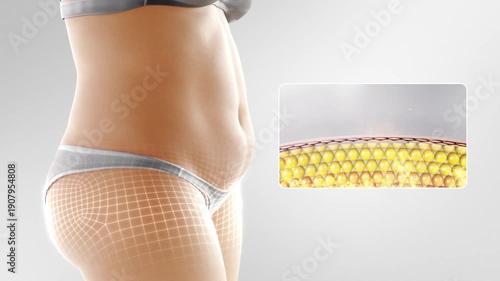 Woman lose weight by burning belly fat, fat cells burning, obese people become slimmer, fitness and body shaping, body management solution,close-up of waistline reduction.3D rendering. Alpha channel.	