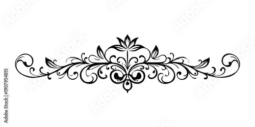 Intricate black and white floral design with symmetrical patterns and swirls
