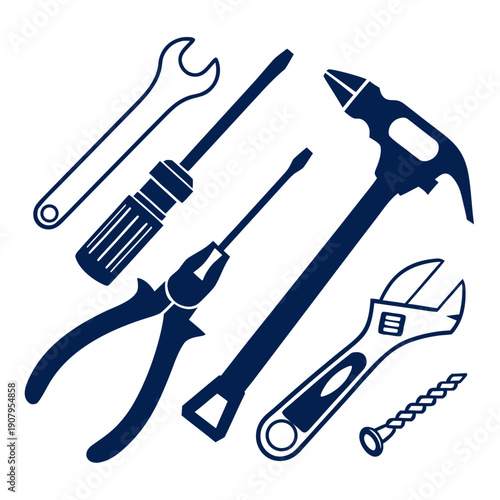 A collection of essential tools including a hammer, wrench, pliers, and screwdriver