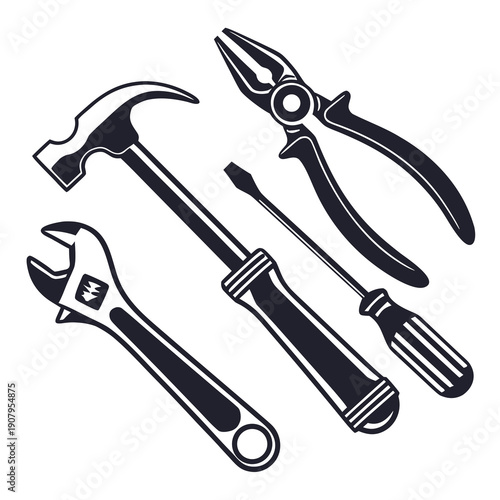 Assorted hand tools including a hammer, wrench, pliers, and screwdriver