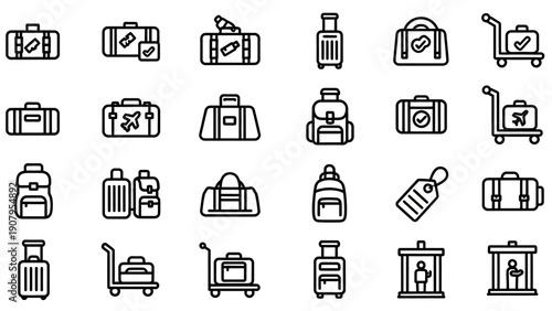 Collection of luggage and travel icons in black and white outline style.