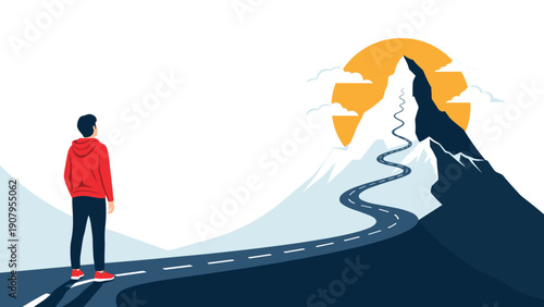 Man in a red hoodie standing on an asphalt road leading towards a majestic high mountain peak during a bright yellow sunset.