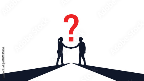 Man and woman shaking hands with red question mark symbolizing business uncertainty or mysterious partnership agreement in professional setting.