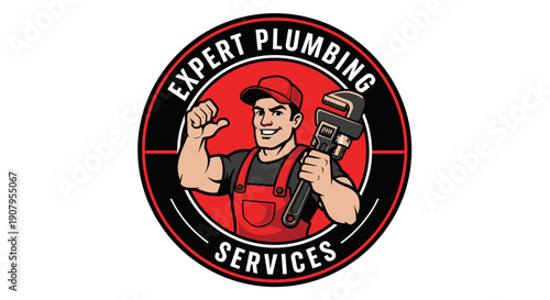 Expert Plumbing Services Logo with Plumber Holding Wrench.
