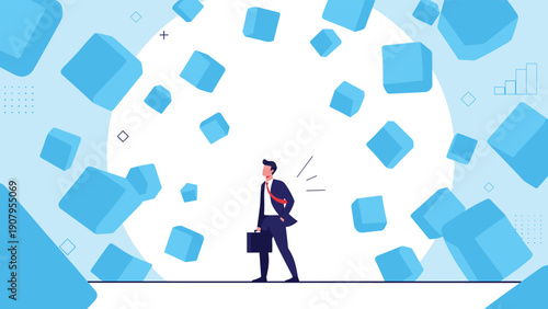 Professional businessman in a suit standing calmly amidst a cloud of floating light blue cubes representing complexity or data management.