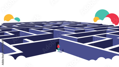 Individual standing at entrance of complex giant maze preparing to find solution or path toward success under colorful abstract sky.