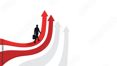 Businessman walking along curving road that branches into multiple rising arrows representing different career paths and choices.