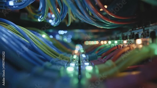 Cinematic close-up of colorful ethernet cables connected to a network switch with blinking LED lights in a dark server room environment