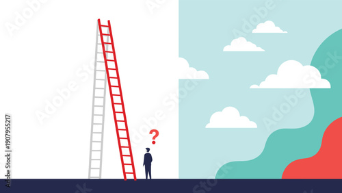 Confused man looking at tall red and grey ladders leaning against white wall wondering about correct path to success and cloud-filled future.