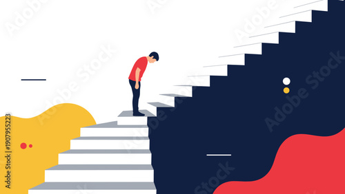 Individual standing on middle step of massive rising staircase looking down and contemplating progress or feeling overwhelmed by long journey.