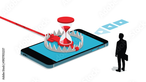 Businessman observing smartphone containing dangerous bear trap and hourglass symbolizing time management risks and digital addiction threats.