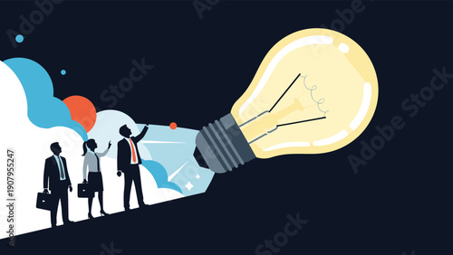 Team of business professionals following beam of light from giant tilted lightbulb representing path toward innovation and corporate success.