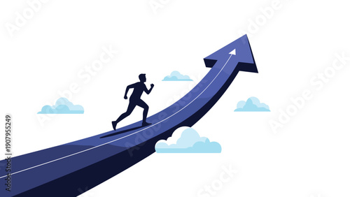 Determined man running along rising blue arrow through clouds representing fast career growth and energetic pursuit of high-level success.
