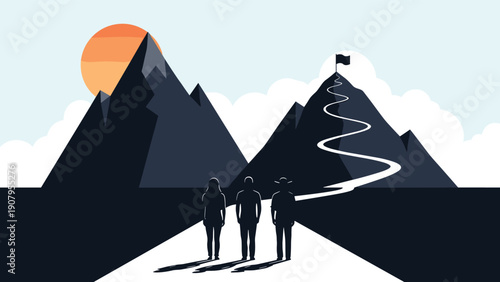 Group of travelers standing on long road gazing at flag on distant mountain peak symbolizing shared goals and long journey to peak success.