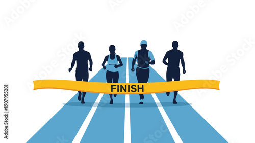 Diverse runners approaching golden finish line on athletic track representing competition and final push for professional or personal victory.