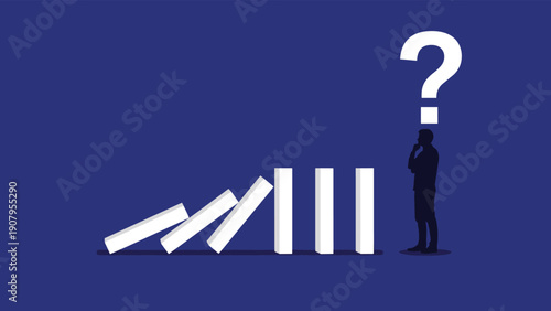 Thinking man observing chain reaction of falling dominoes with question mark symbolizing concern about business risks and consequences.