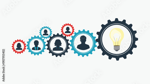 Team gear system with diverse professionals working together to power large lightbulb representing unified creative business ideas.