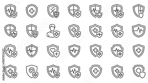 Collection of Medical Health Shield Icons Vector Set.