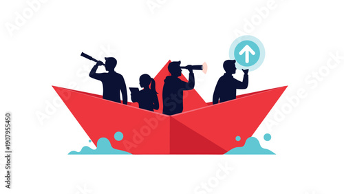 Business team navigating in red paper boat using telescopes and digital tablets to find growth opportunities and success on open water.