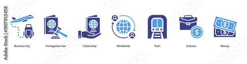 International Work and Travel web banner vector illustration featuring Business trip, Immigration law, Citizenship, Worldwide, Train, Suitcase, and Money.