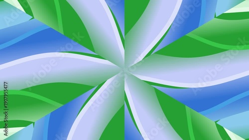 A symmetrical green abstract design with curved lines radiating from the center, forming a flower-like pattern on a white background