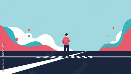 Pensive businessman standing at a finish line on a long road looking towards an abstract colorful landscape of opportunities.