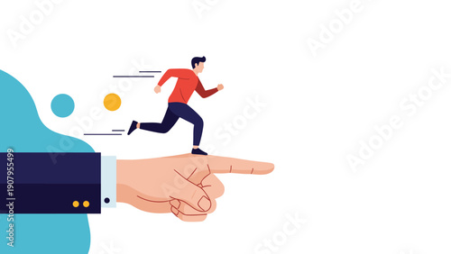 Determined man in casual wear running forward along a giant finger of a suit-clad hand pointing towards success.