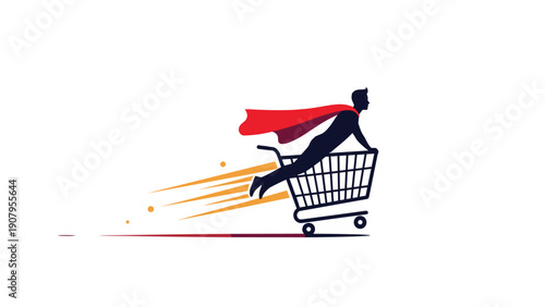 Silhouette of a man wearing a superhero cape flying fast in a shopping cart symbolizing rapid consumer growth and shopping power.