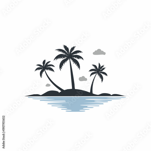 Tropical island with palm trees and sea silhouette vector icon for travel or vacation