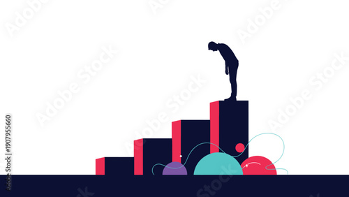 Silhouette of a dejected businessman bowing his head while standing on the top step of a rising bar chart, symbolizing failure.