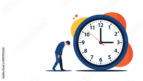 Dejected businessman in a suit walking slowly past a massive blue analog clock showing that his time is slipping away.