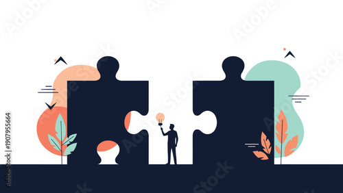Small businessman silhouette holding a glowing lightbulb idea while standing between two massive jigsaw puzzle pieces.
