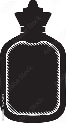 Black silhouette of a hot water bottle with textured border black and white medical health de