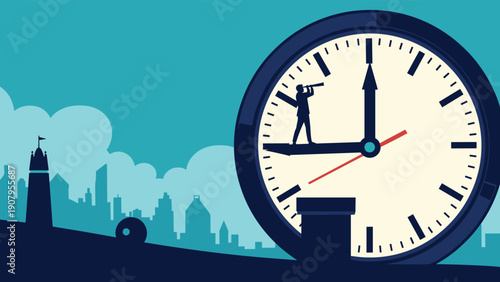 Businessman standing on the hour hand of a giant clock using a telescope to look out over a vast city skyline for opportunities.
