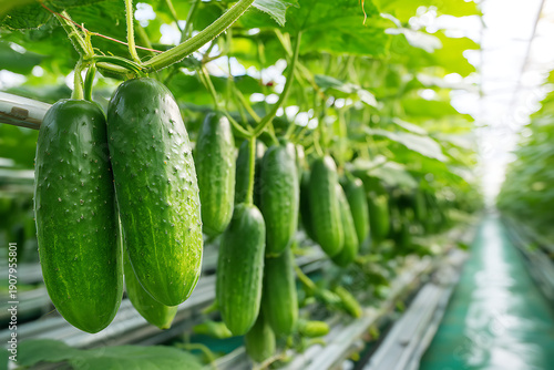Growing fresh cucumbers in an indoor greenhouse setting