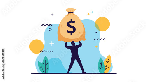 Silhouette of a man holding a massive brown money bag with a large black dollar sign on his shoulders, representing profit.