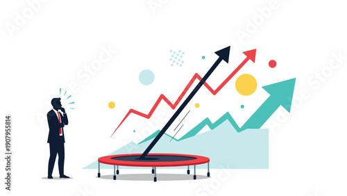 Pensive businessman watching success arrows launch into the air from a trampoline symbolizing a new business boost.