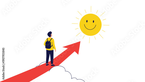 Ambitious traveler walks on a rising red arrow path towards a bright smiling sun as a symbol of optimism and success.