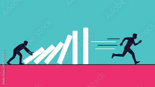 Metaphorical scene shows a person triggering a chain reaction of falling blocks while another escapes the impending fall.