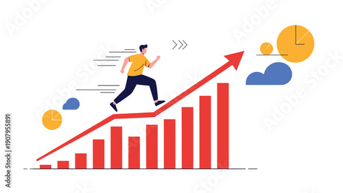 Energetic businessman runs upward along a rising arrow path over a bar chart depicting rapid growth and financial gain.