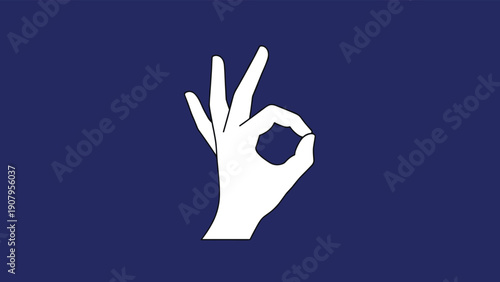 Simple white line drawing of a hand making the okay gesture against a solid dark blue background conveying approval and success.