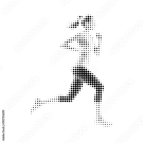 
Dynamic halftone vector illustration of a running girl in retro comic book style with bold dotted texture. High contrast black and white image, isolated on white background. Stylized athletic woman 