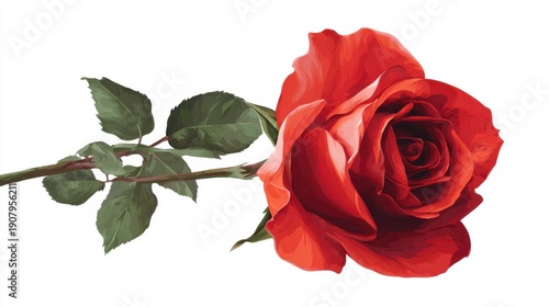 Vibrant red rose bloom with lush green leaves.
