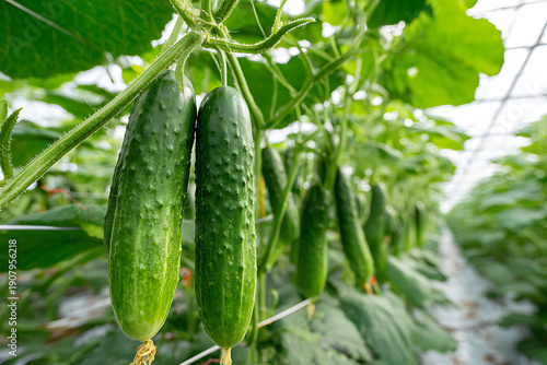 Fresh green cucumbers growing in modern greenhouse farming